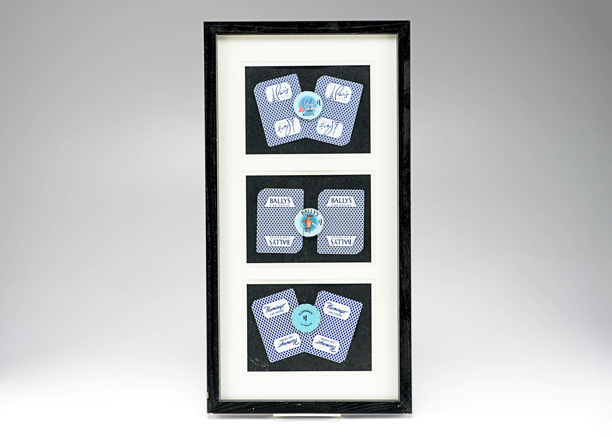 Framed Poker Chips and Cards Display, Paris, Bally's and Flamingo