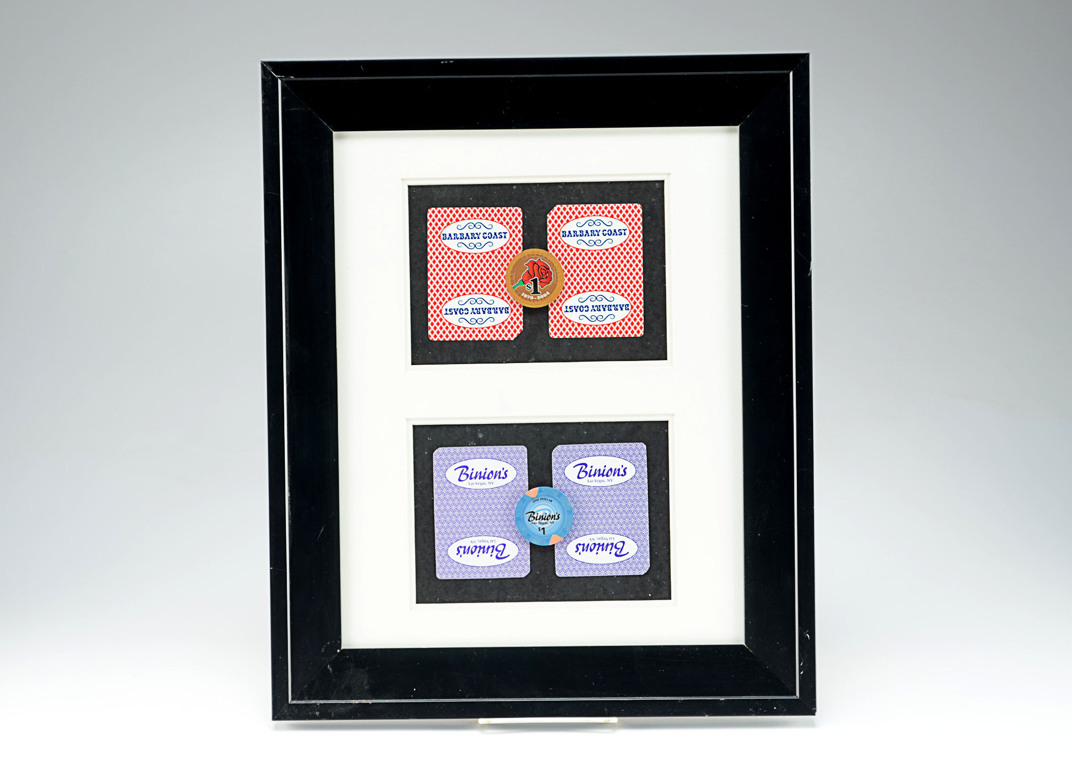 Framed Poker Chips and Cards Display, Barbary Coast and Binion's