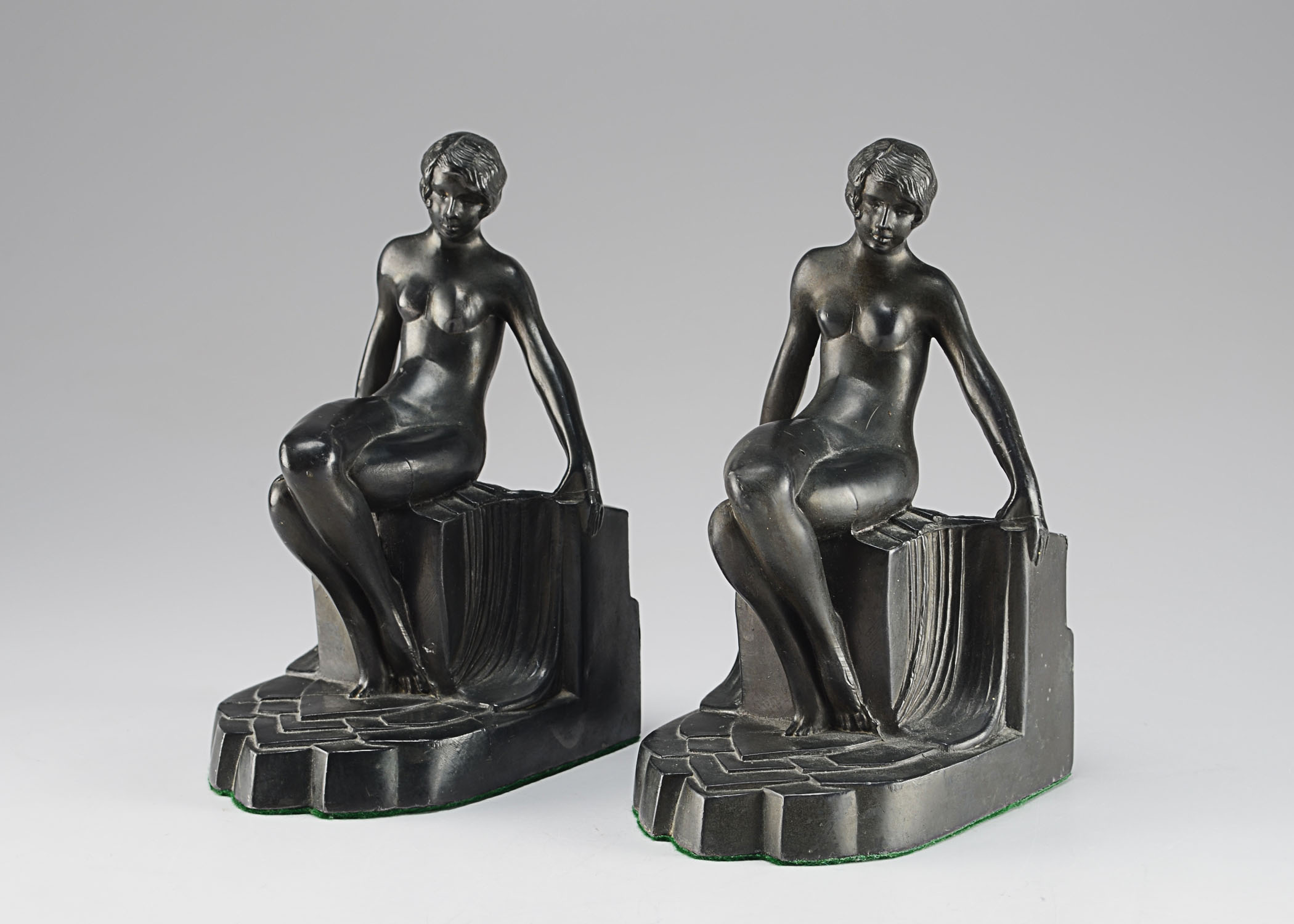 Pair of Art Deco Bookends, Figural Nudes, Bronze Plated Spelter