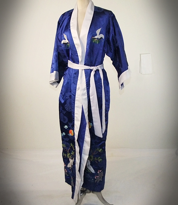 Striking vintage Kimono robe in vibrant Royal blue silky satin brocade