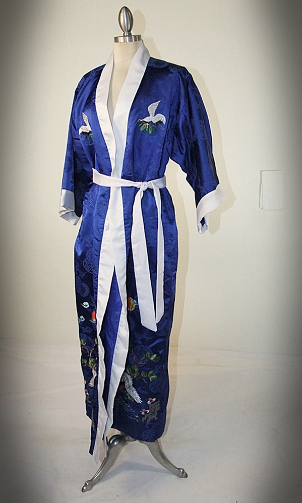Striking vintage Kimono robe in vibrant Royal blue silky satin brocade