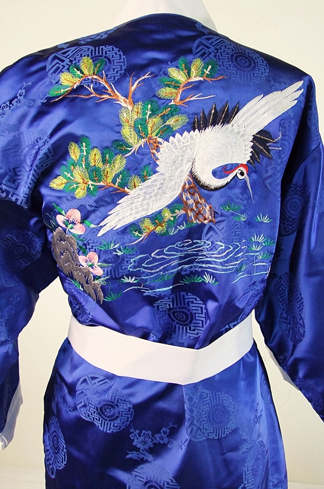 Striking vintage Kimono robe in vibrant Royal blue silky satin brocade