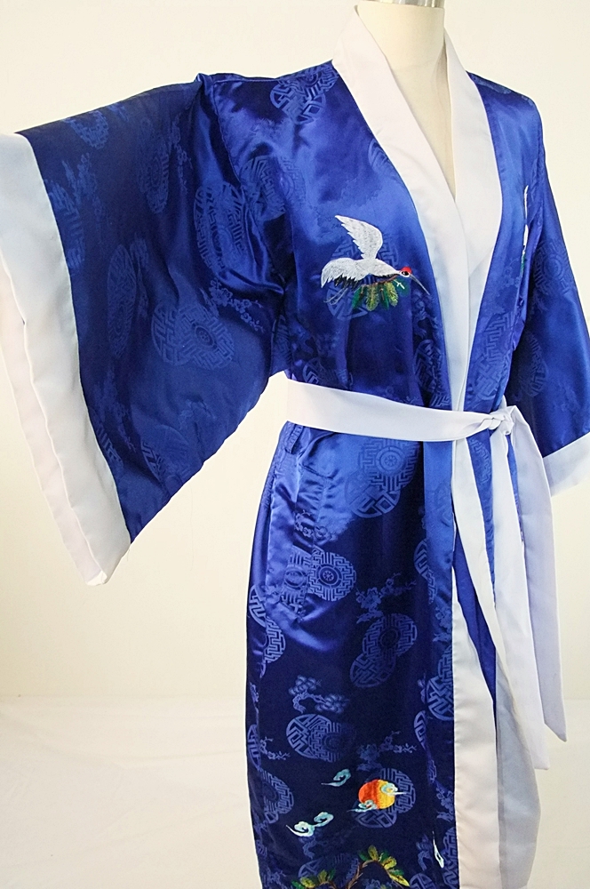 Striking vintage Kimono robe in vibrant Royal blue silky satin brocade
