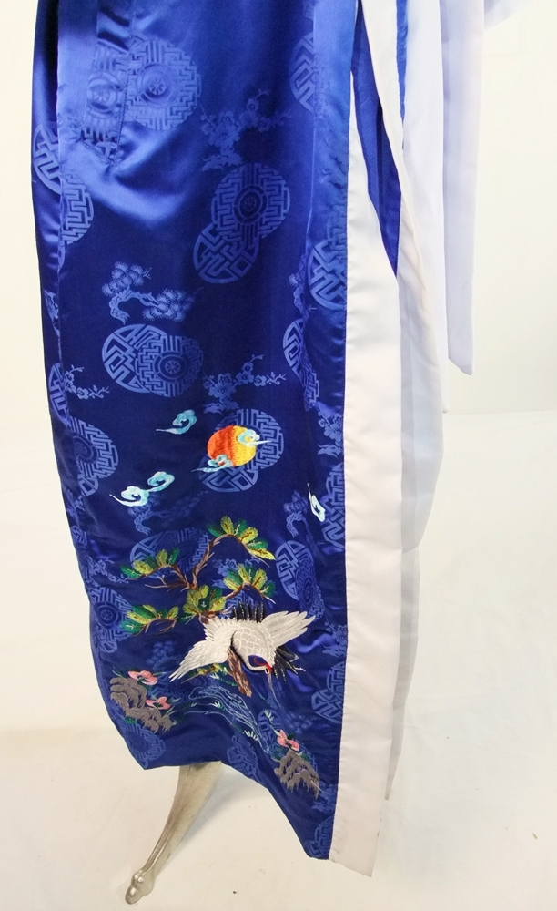 Striking vintage Kimono robe in vibrant Royal blue silky satin brocade