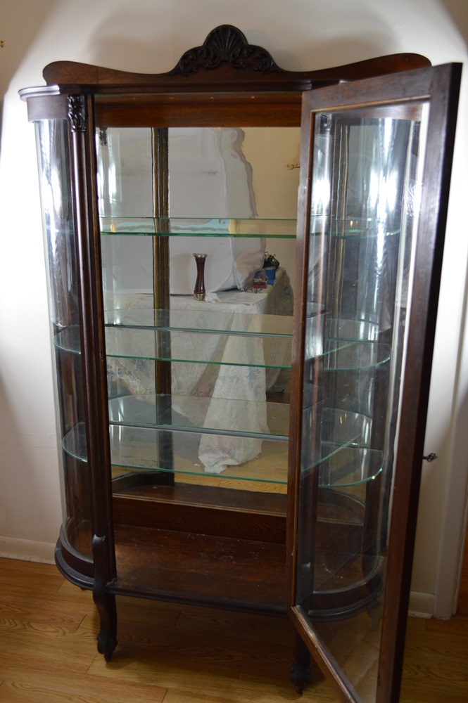 Antique Curio Cabinet with Oval Curved Glass