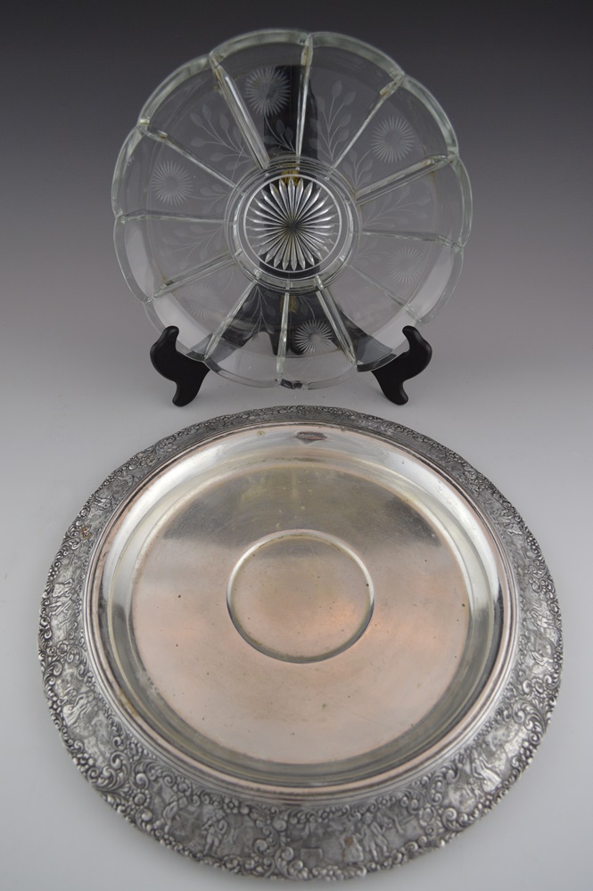 Antique Barbour S.P. CO. International 3213 Silver Plate Ornate Tray and Floral Etched Glass Insert