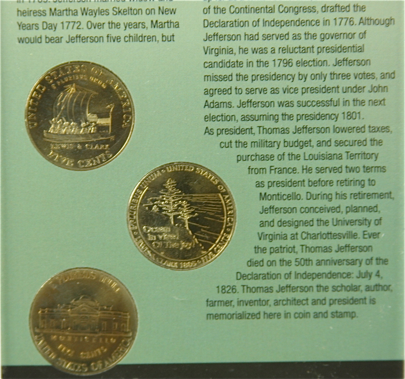 Thomas Jefferson coin and stamp commemorative set 