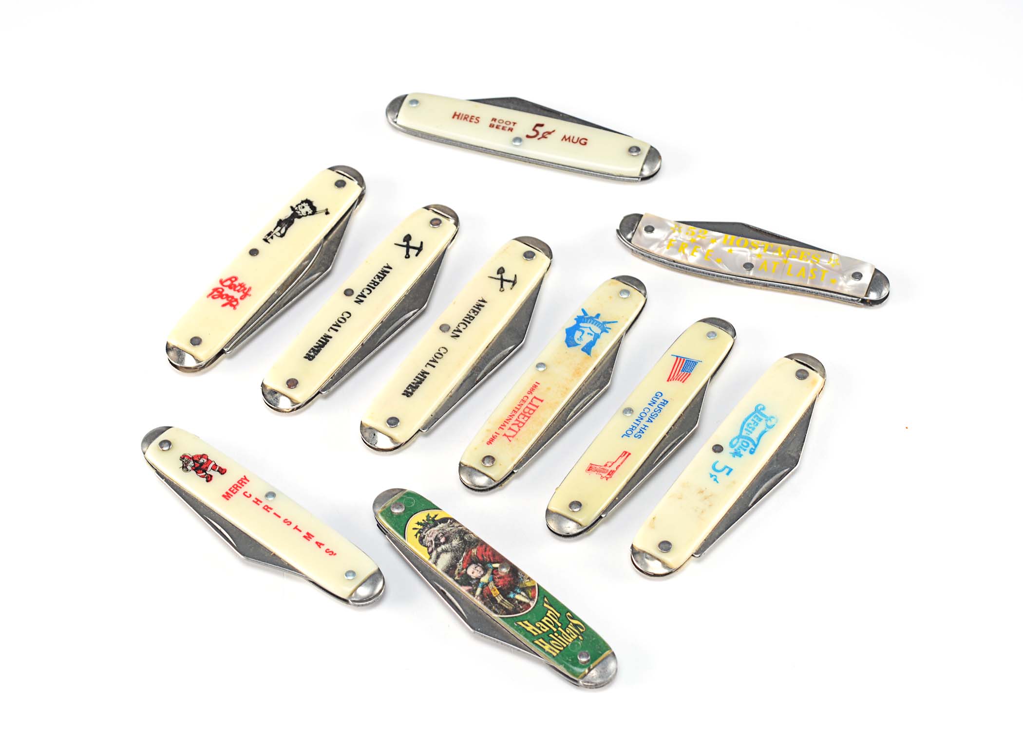 Various themed vintage pocket knives