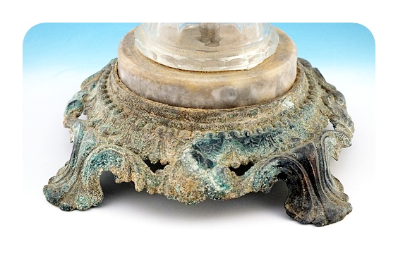 Pressed glass and metal cigarette stand with large glass receiver