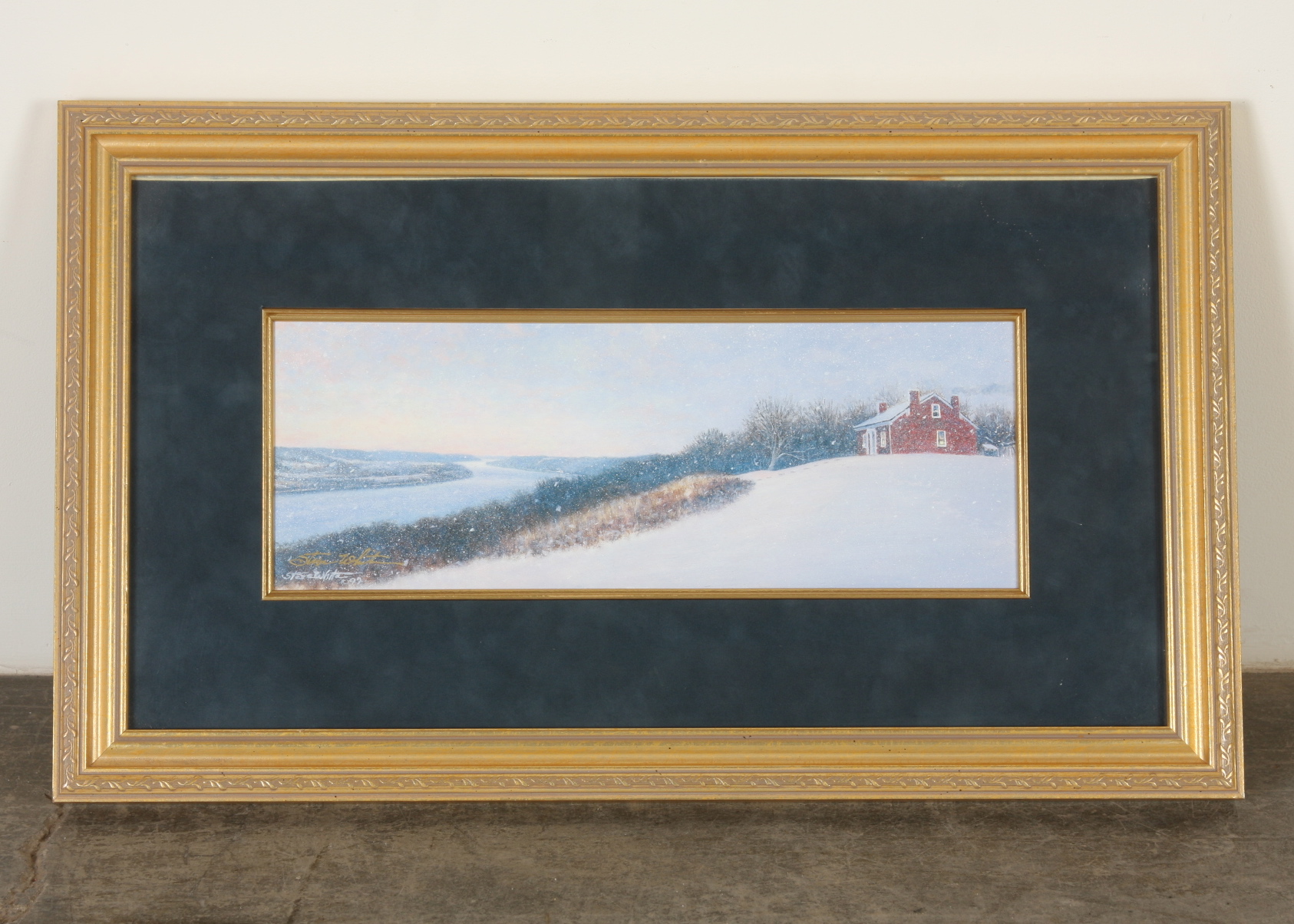 Framed and Signed Steve White Print of Tranquil House Amidst Snowfall