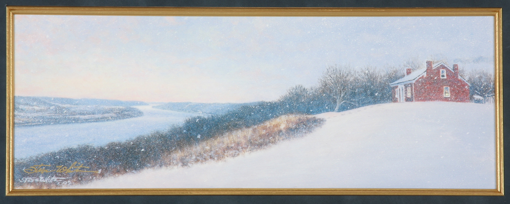 Framed and Signed Steve White Print of Tranquil House Amidst Snowfall