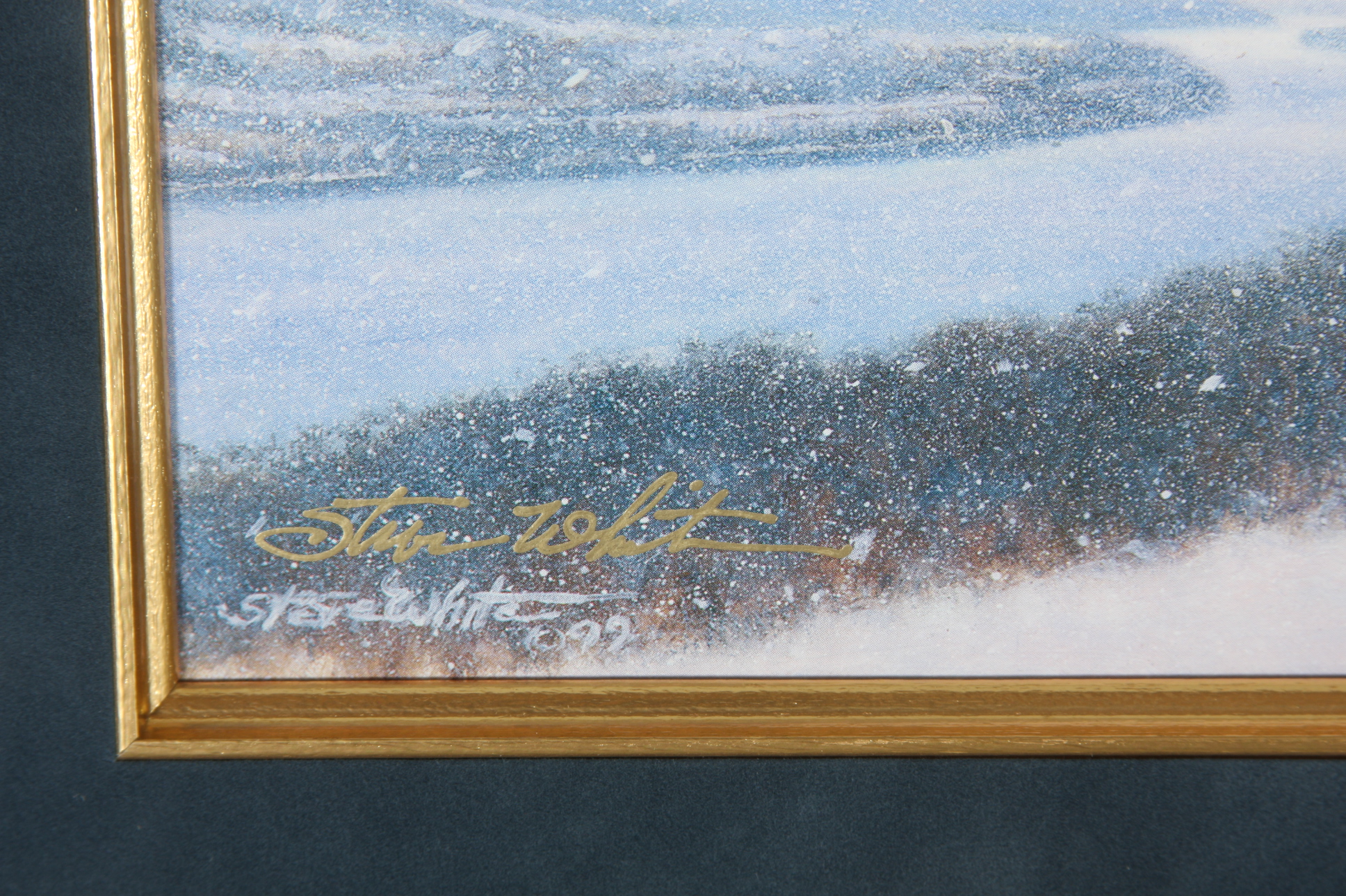 Framed and Signed Steve White Print of Tranquil House Amidst Snowfall