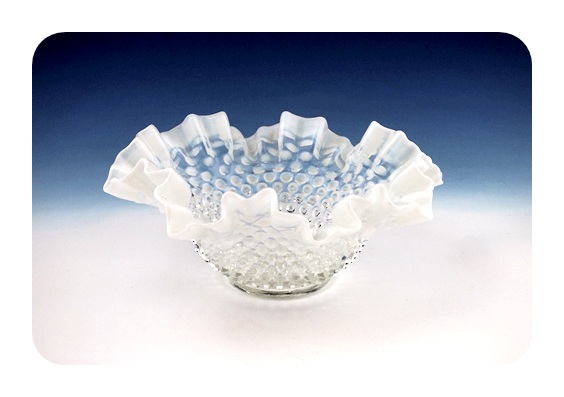 Opalescent hobnail bowl with ruffled edges