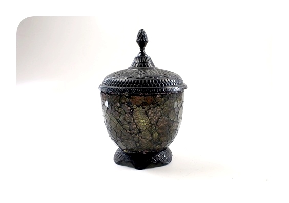 Ornate crackle glass footed compote with lid