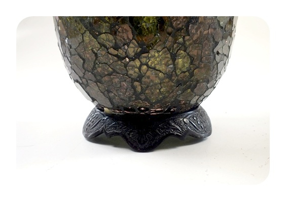 Ornate crackle glass footed compote with lid