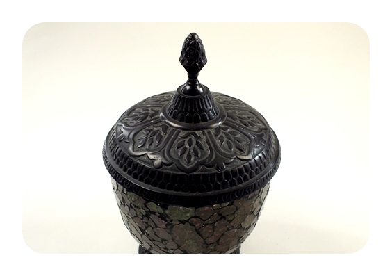 Ornate crackle glass footed compote with lid
