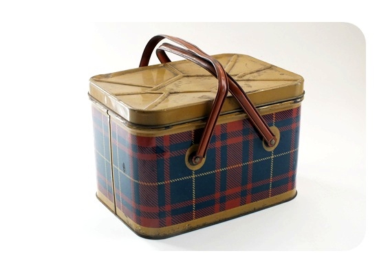 Vintage plaid metal picnic basket