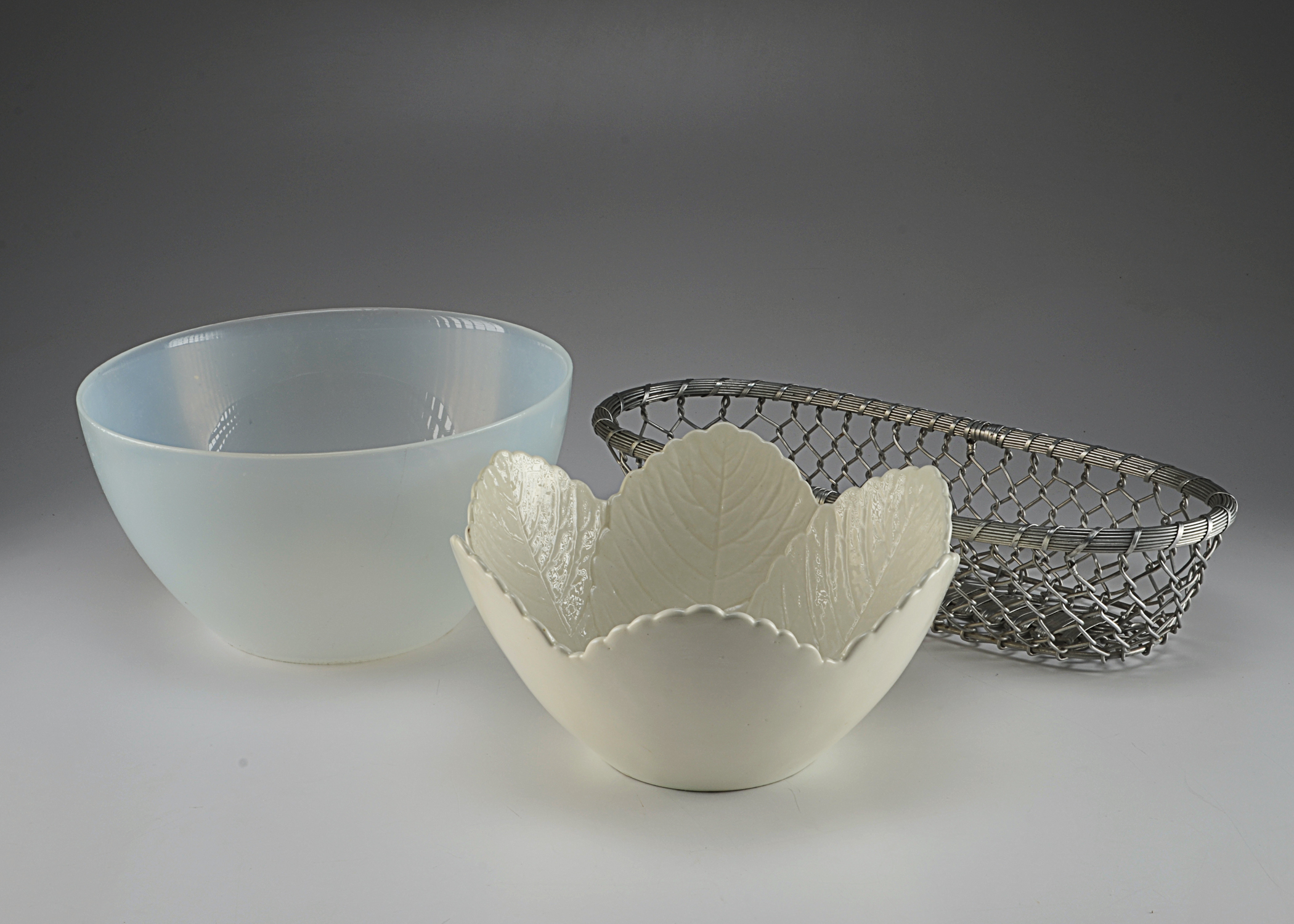 Portuguese Ceramic Salad Bowl,  Aluminum  Bread Basket and Frosted Glass Bowl