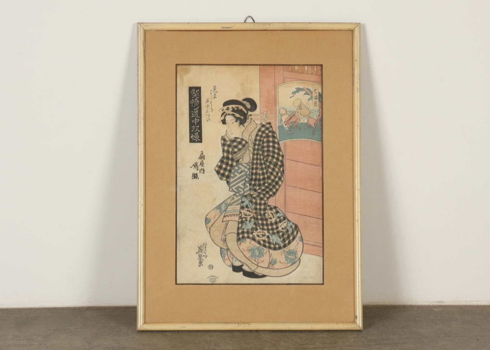 Keisai Eisen Woodblock Print, Geisha in a Checkered Kimono