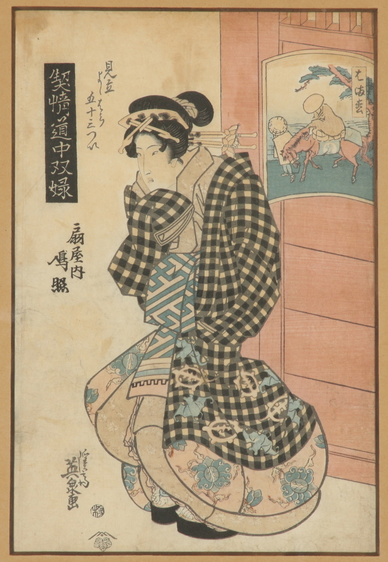 Keisai Eisen Woodblock Print, Geisha in a Checkered Kimono