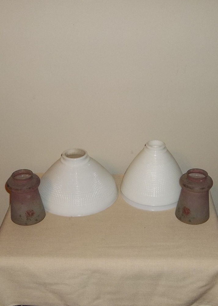 3 White Milk Glass Lamp Shades and 2 Vintage Frosted Glass with Roses Chimney.