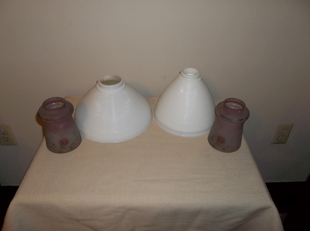 3 White Milk Glass Lamp Shades and 2 Vintage Frosted Glass with Roses Chimney.