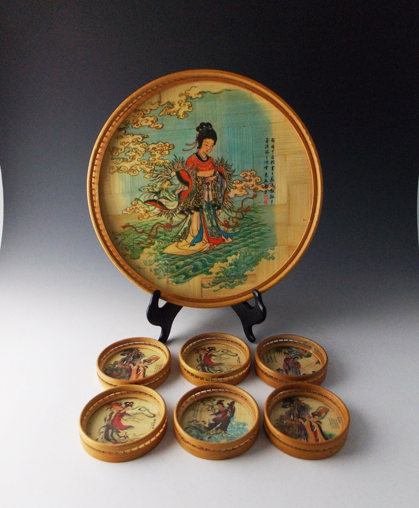 Vintage Bamboo Coaster Set & Tray