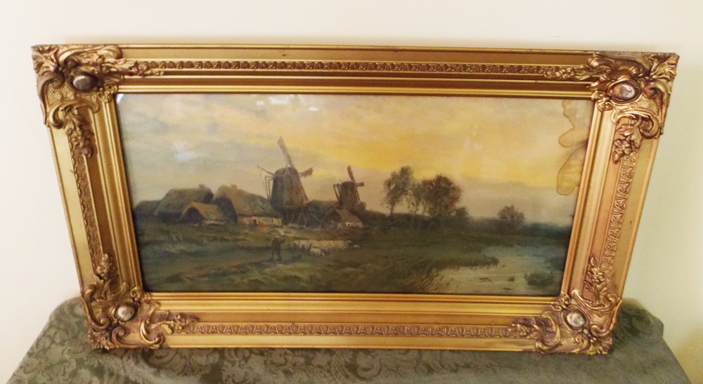 Large Vintage Prints of Wind Mills & River Side