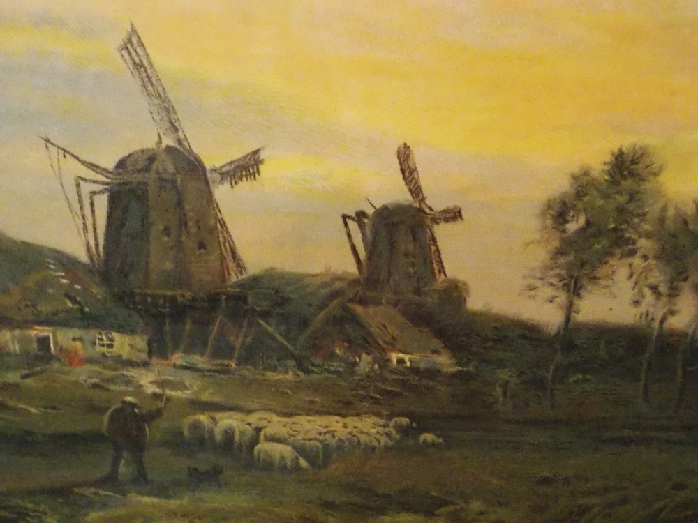 Large Vintage Prints of Wind Mills & River Side