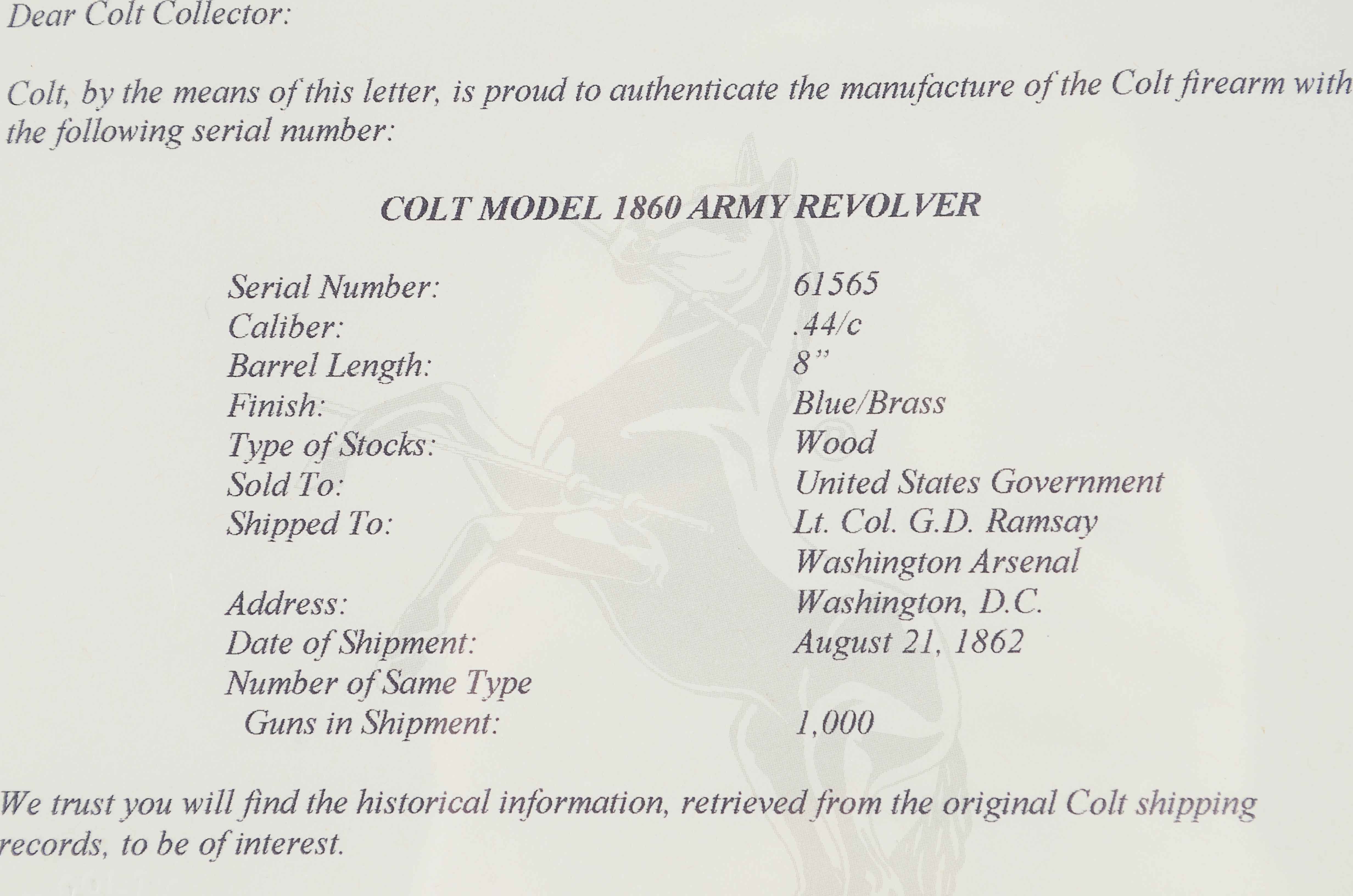 Colt Model 1860 Army Revolver, Percussion, circa 1862, Civil War Era