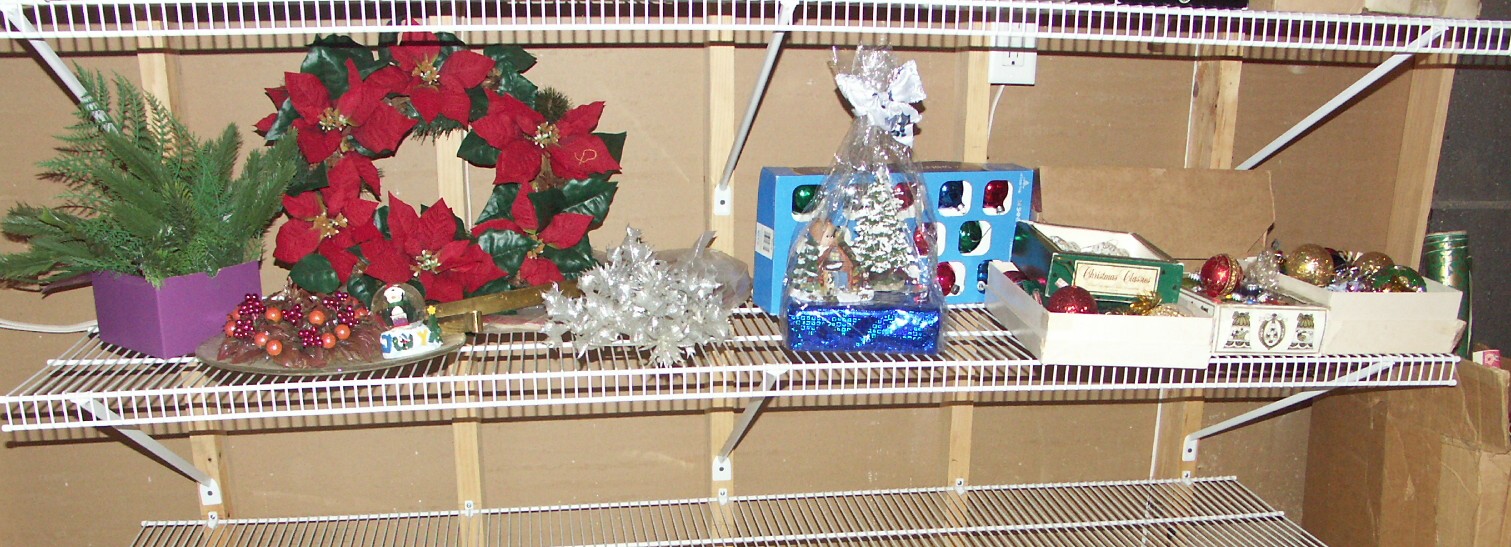 Shelf Lot of Christmas Decorations