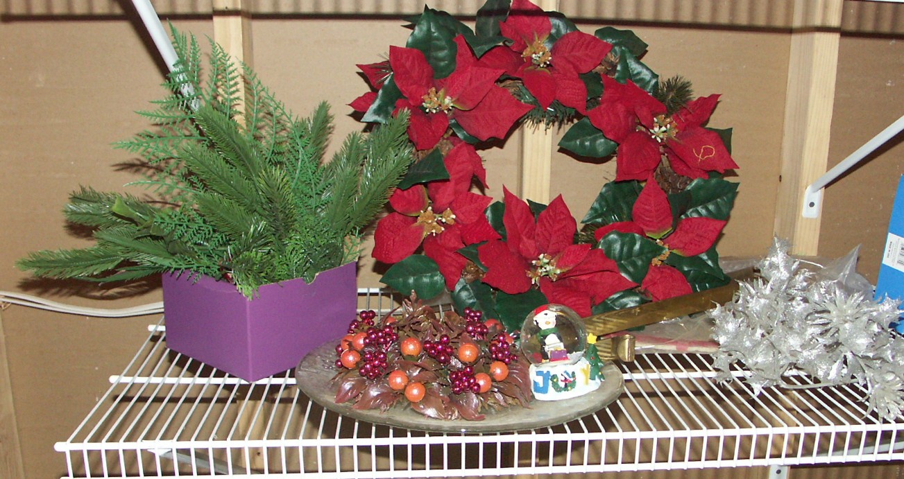 Shelf Lot of Christmas Decorations