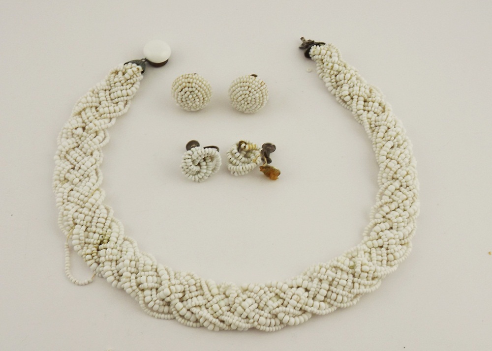 Vintage Braided White Bead Necklace and Earring Set