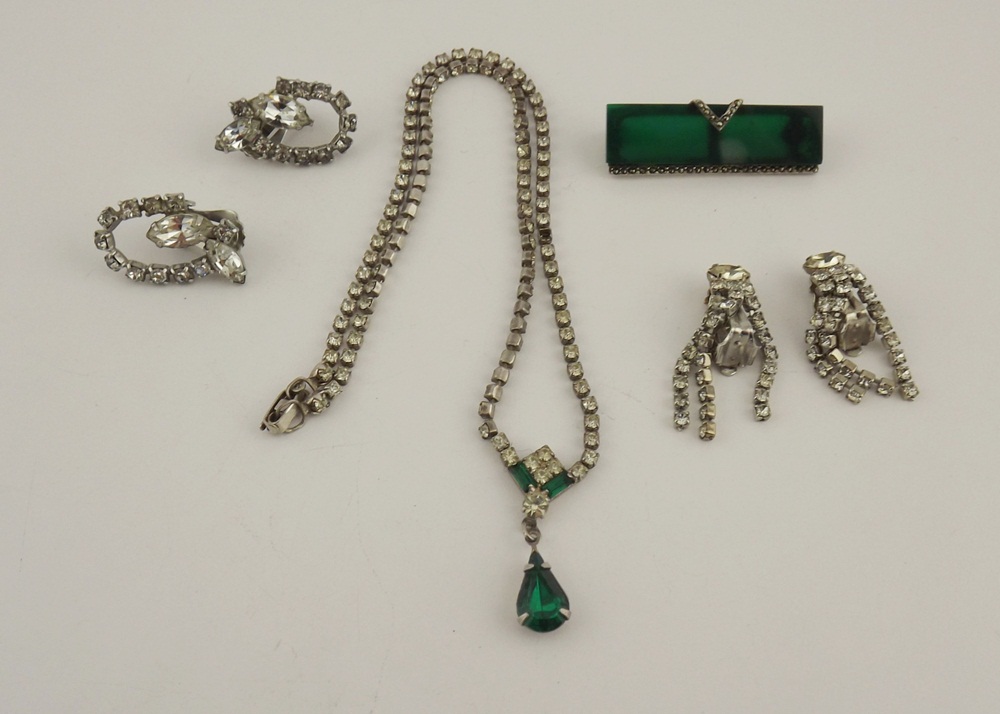 Vintage Rhinestone and Green Stone Jewelry
