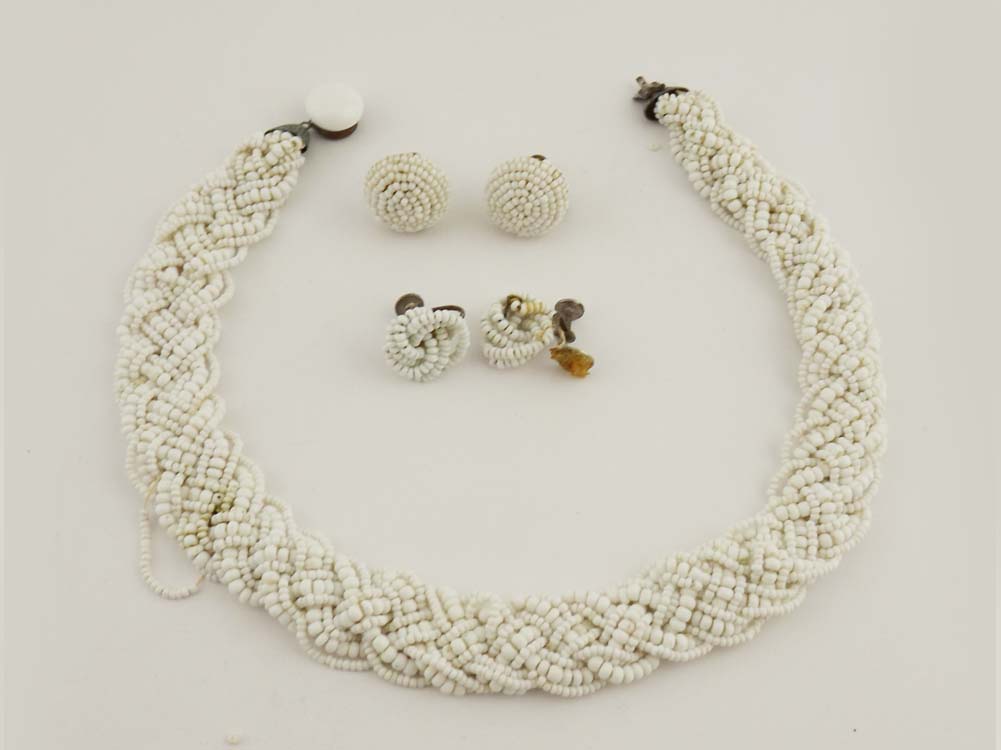 Vintage Braided White Bead Necklace and Earring Set