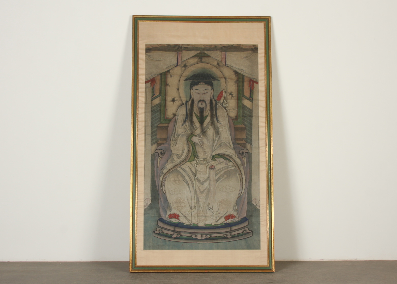 18c Chinese Portrait of Lu Dongbin, Taoist Deity, One of the Eight Immortals, in Watercolor, Tempura and Gold Leaf on Paper