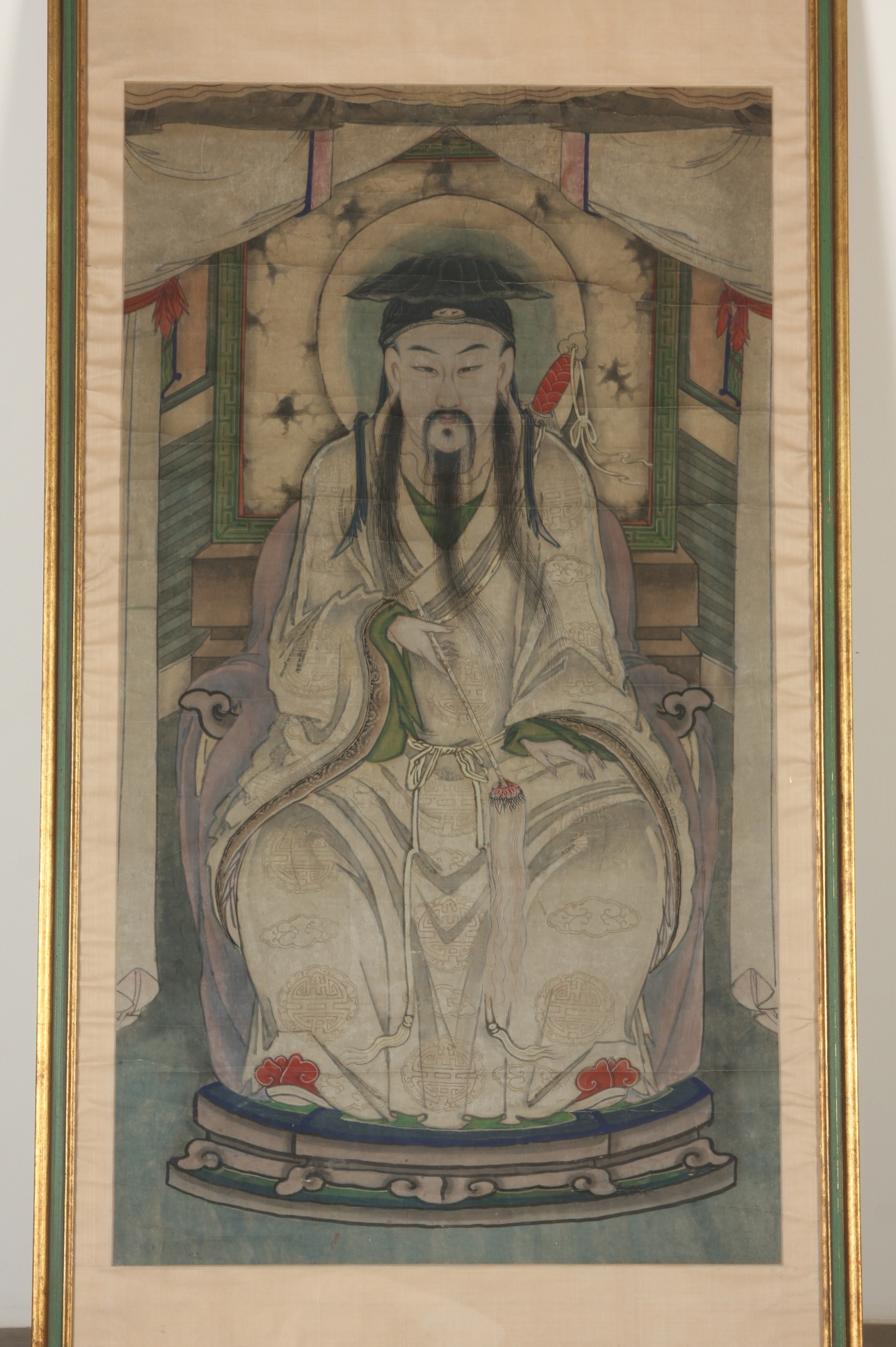18c Chinese Portrait of Lu Dongbin, Taoist Deity, One of the Eight Immortals, in Watercolor, Tempura and Gold Leaf on Paper