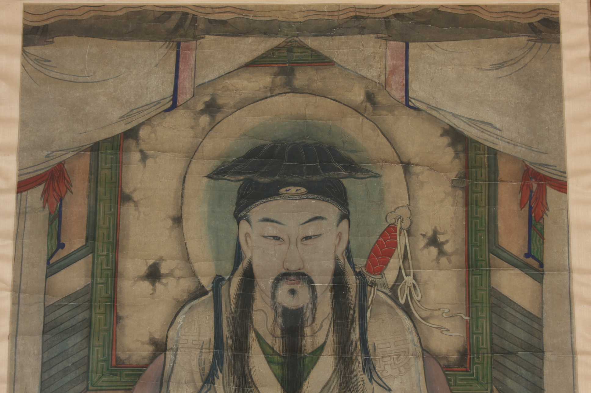 18c Chinese Portrait of Lu Dongbin, Taoist Deity, One of the Eight Immortals, in Watercolor, Tempura and Gold Leaf on Paper