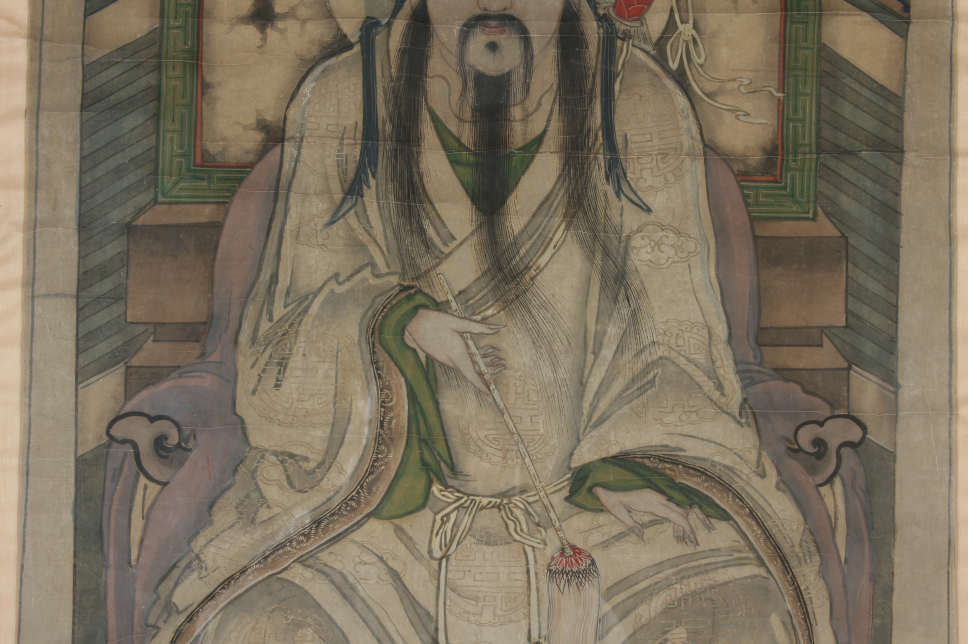 18c Chinese Portrait of Lu Dongbin, Taoist Deity, One of the Eight Immortals, in Watercolor, Tempura and Gold Leaf on Paper