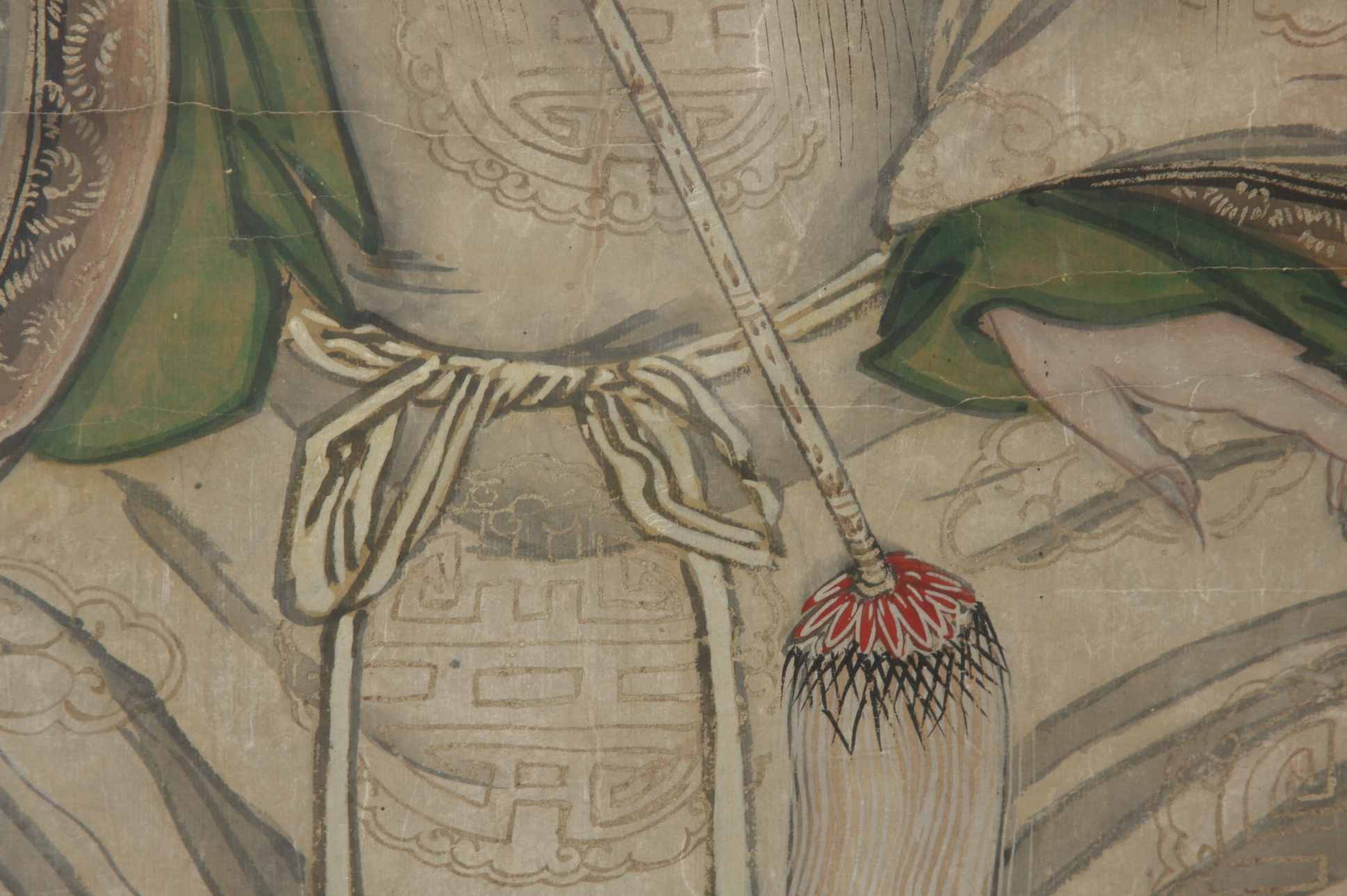 18c Chinese Portrait of Lu Dongbin, Taoist Deity, One of the Eight Immortals, in Watercolor, Tempura and Gold Leaf on Paper