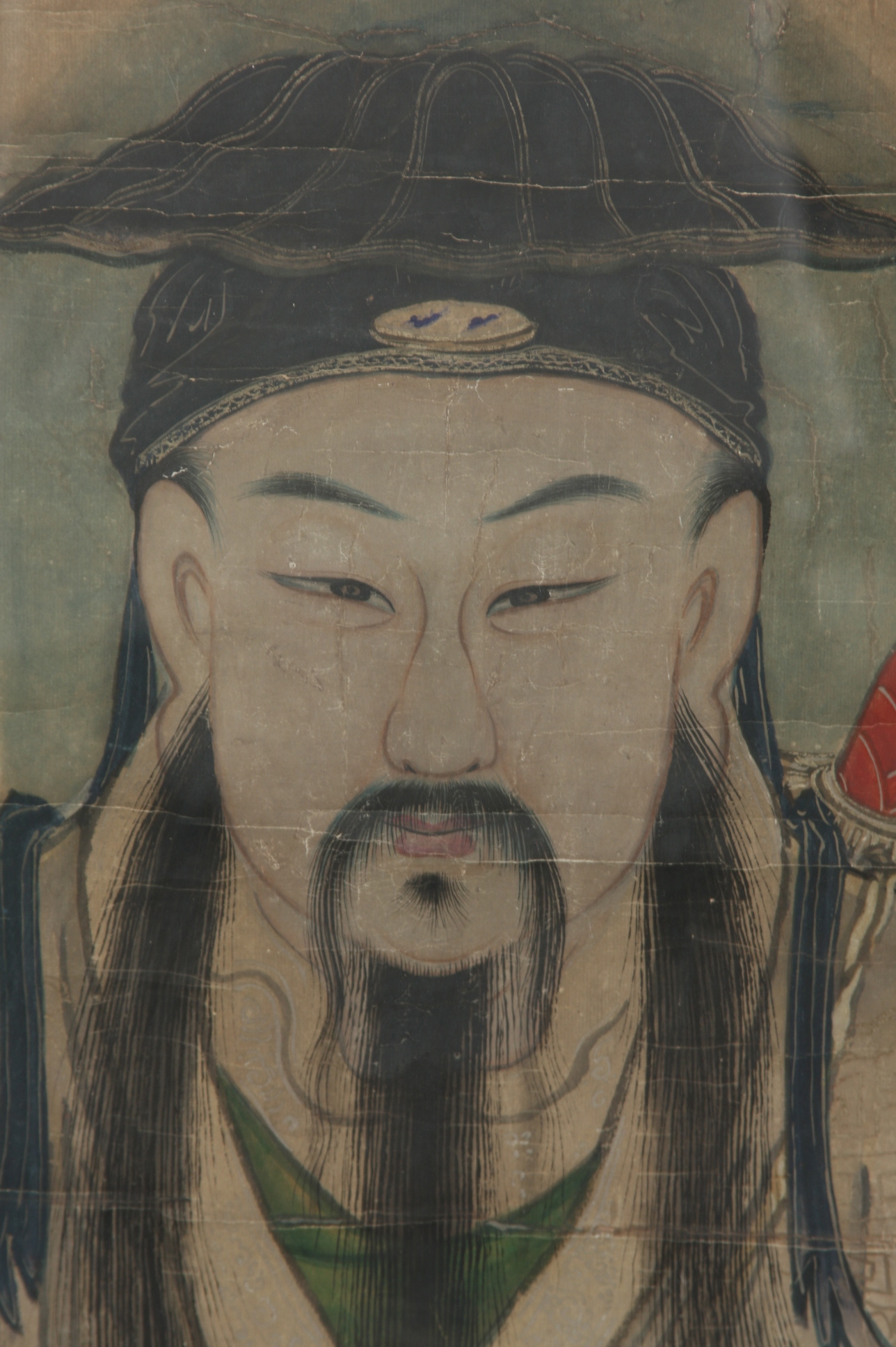 18c Chinese Portrait of Lu Dongbin, Taoist Deity, One of the Eight Immortals, in Watercolor, Tempura and Gold Leaf on Paper