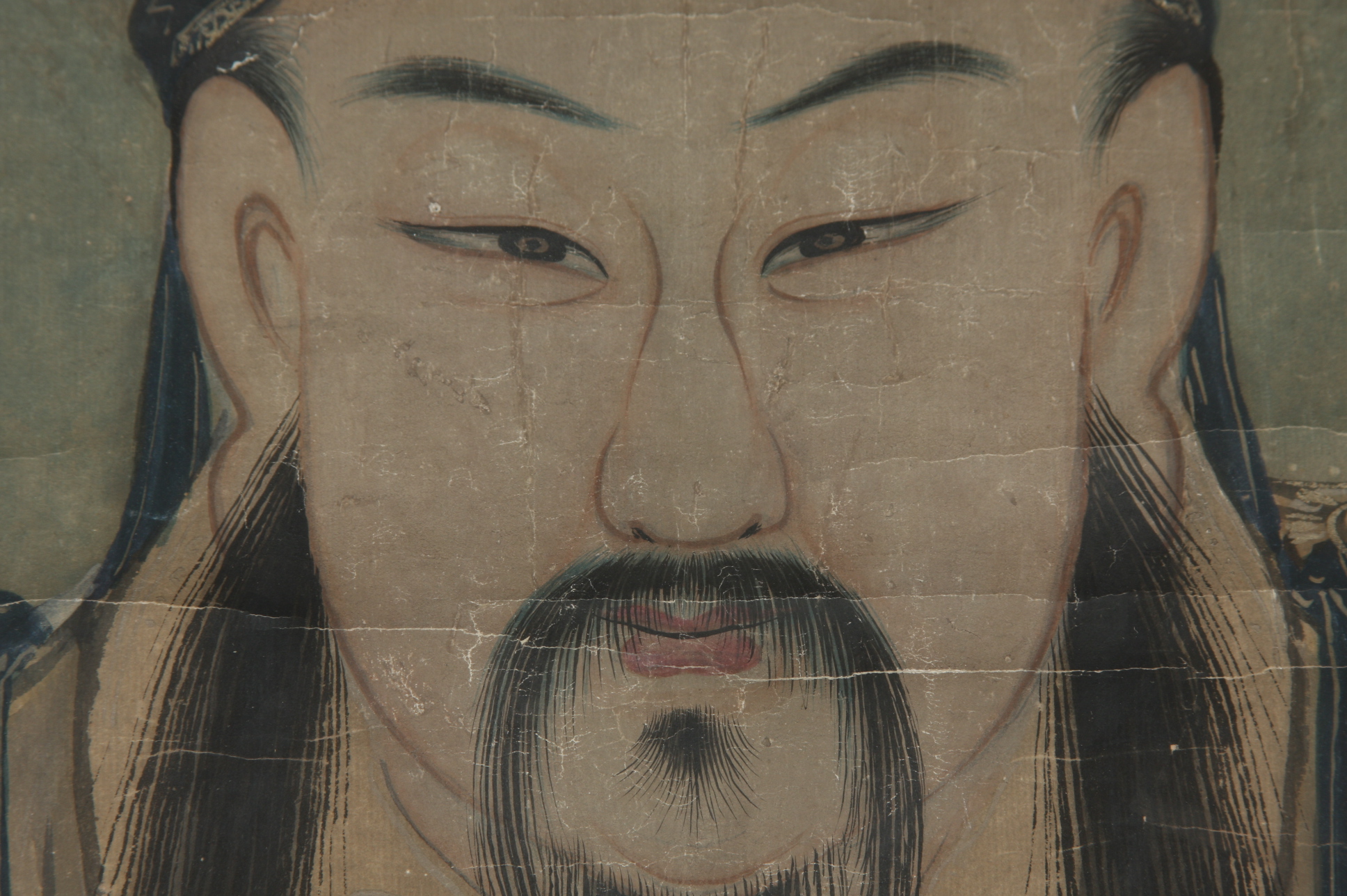 18c Chinese Portrait of Lu Dongbin, Taoist Deity, One of the Eight Immortals, in Watercolor, Tempura and Gold Leaf on Paper