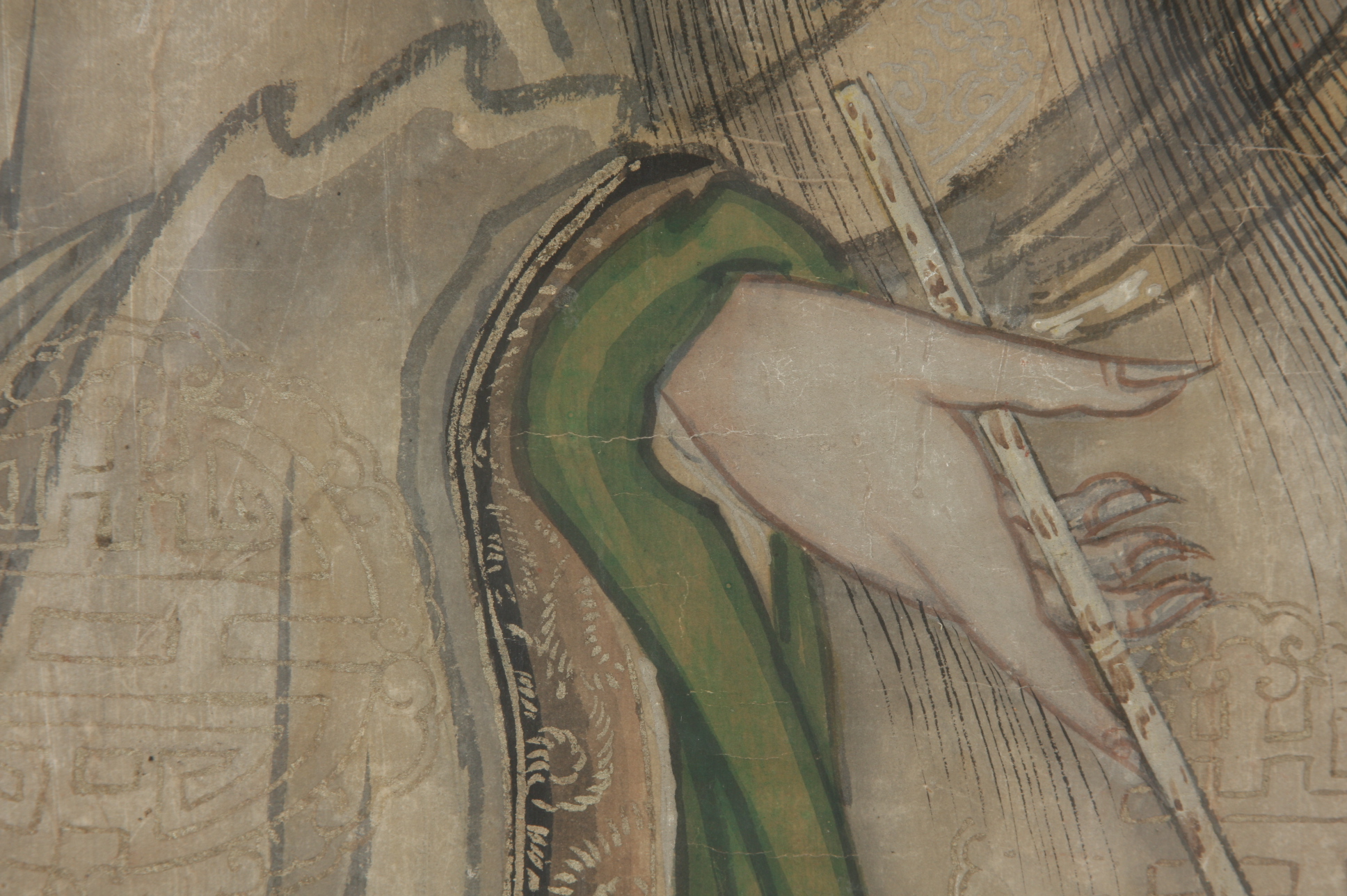 18c Chinese Portrait of Lu Dongbin, Taoist Deity, One of the Eight Immortals, in Watercolor, Tempura and Gold Leaf on Paper