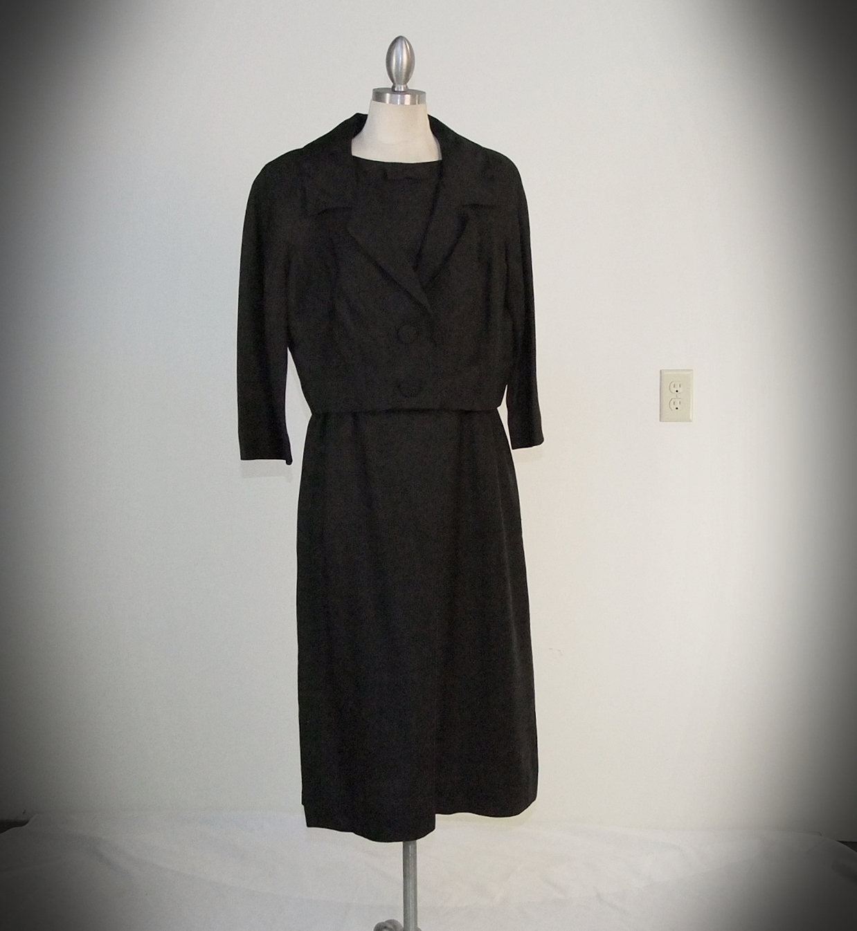Designer vintage Andrew Arkin Petites black silk day dress and cropped jacket