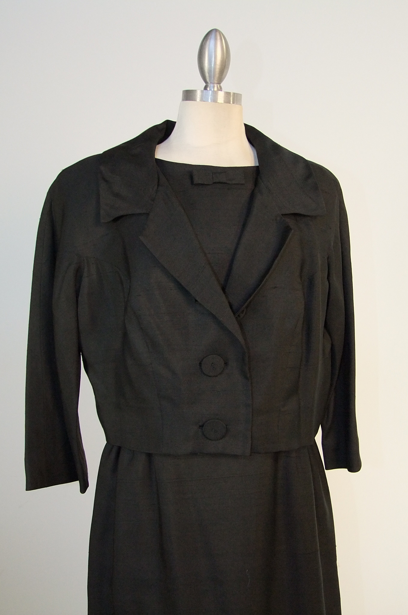 Designer vintage Andrew Arkin Petites black silk day dress and cropped jacket