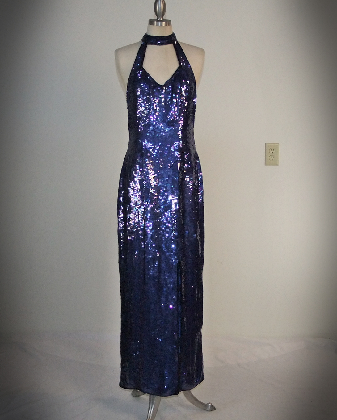 Vintage deadstock sexy royal blue silk sleeveless evening gown embellished with sequins