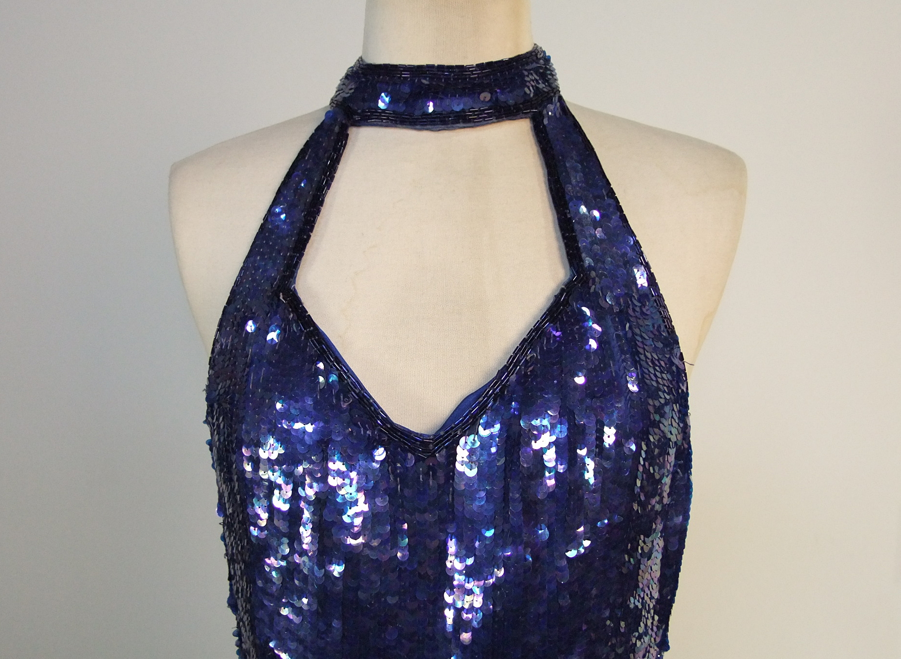 Vintage deadstock sexy royal blue silk sleeveless evening gown embellished with sequins