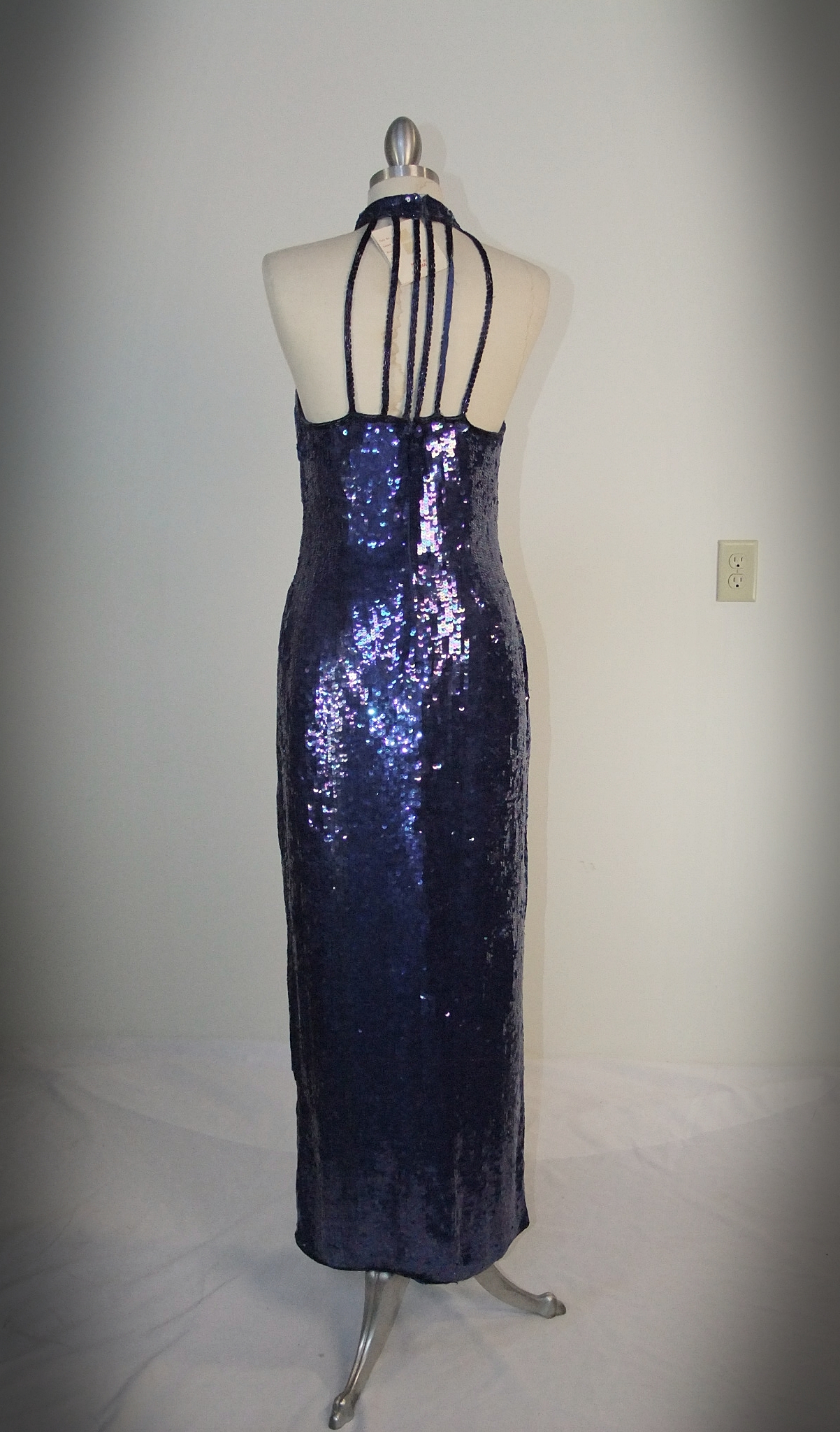 Vintage deadstock sexy royal blue silk sleeveless evening gown embellished with sequins