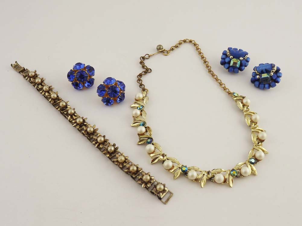 Faux Pearl Jewelry & Blue Stone Earrings