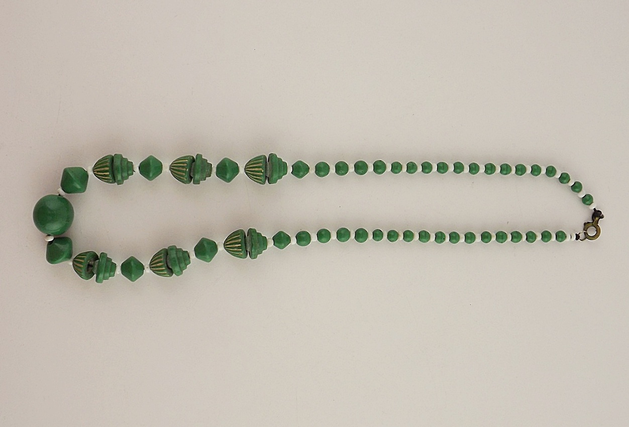 Czech Green and White Beaded Necklace, Mod Earrings